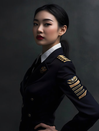 Beautiful asian woman pilot in navy uniform on dark gray background.の素材