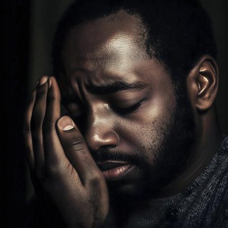 Close up portrait of a sad depressed African American man crying.の素材