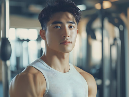 Portrait of young handsome Asian man in sportswear at gym.の素材