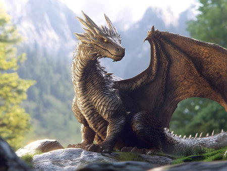 Fantasy scene with two dinosaurs in the mountains. 3d renderingの素材