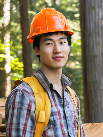 Portrait of a young Asian lumberjack construction worker standing in the forestの素材