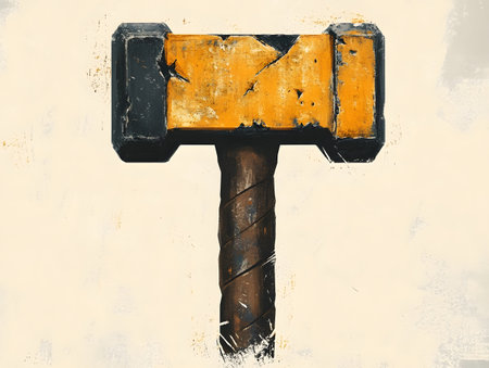 hammer with yellow paint on a white background, grunge style.の素材