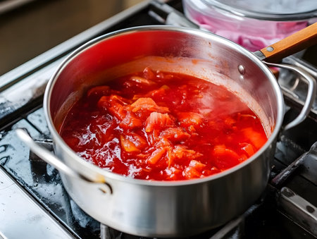 Cooking red Ukrainian borscht in a pot on a gas stoveの素材