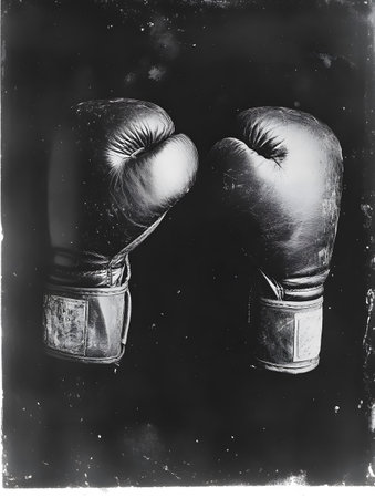 Boxing gloves on a black background. Black and white photo.の素材