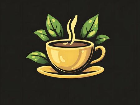 Cup of coffee with leaves on black background. Vector illustration.の素材