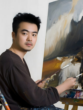 Young asian man painting a picture on canvas in the studio.の素材