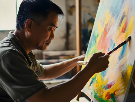 asian male artist painting a picture on easel in his studioの素材