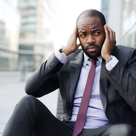 Portrait of a stressed black businessman sitting on the ground outdoors.の素材