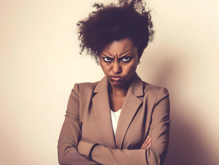 Young frustrated unhappy african american businesswoman looking at camera with angry expressionの素材