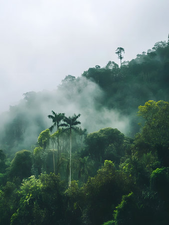 Tropical rainforest with fog and palm trees in the morningの素材