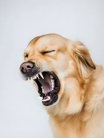 Angry Golden Retriever dog on a white background. Studio shot.の素材