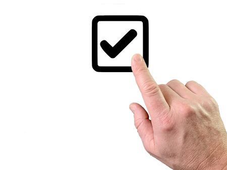 Index finger pushes a button, white background. Finger touch to switch in space. A person turns on...