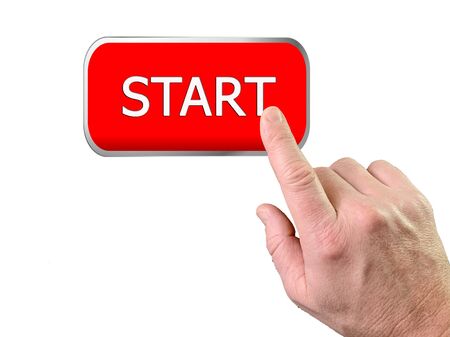 Index finger pushes a button, white background. Finger touch to switch in space. A person turns on or off the system. Concept: inscription on the start, stop buttonの写真素材