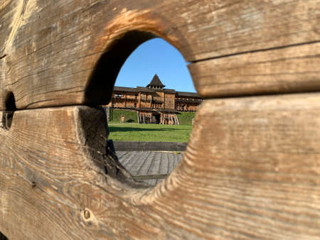 Medieval execution weapon. Wooden shackles for torture. Ancient tools for the inquisition. Giliotin for chopping off the head.の写真素材