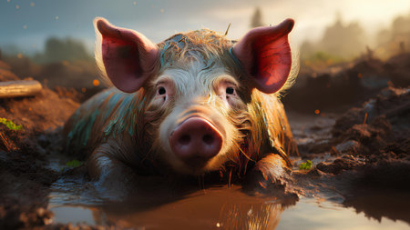 Dirty Pig is lying in the mud. Concept: the pig is drawn to the swamp.の素材
