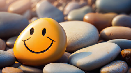 A smile is drawn on the stone, against a background of multi-colored stones. Concept: joy, laughter and good mood.の素材