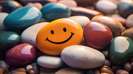 A smile is drawn on the stone, against a background of multi-colored stones. Concept: joy, laughter and good mood.の素材