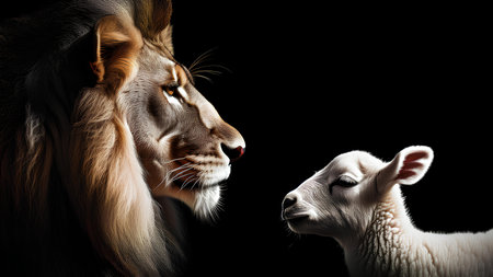 Lion and lamb isolated on black background.Lion face and lamb, close-up.の素材