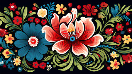 Colorful flowers embroidered decorative textile seamless patterns. Floral painting on black or white background, Ukrainian style.の素材