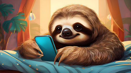 Cartoon sloth Lying on the bed with a smartphone. The sloth animal symbolizes laziness and idleness.の素材