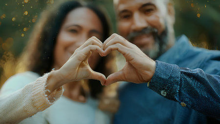 Happy couple forming a heart shape with their hands. Man and woman creating a heart symbol with their hands.の素材