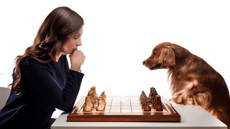 A woman and a dog sit opposite each other and play chess. Chess game, woman and pet.の素材