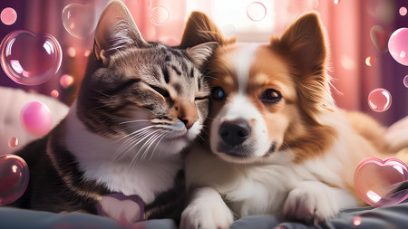 Soft colors and cozy atmosphere symbolize love and friendship. Cat and dog surrounded by heart floating-shaped bubbles.の素材
