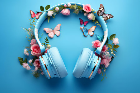 Audio headphones decorated with flowers, on a blue background. Wireless headphones, butterflies on flowers.の素材