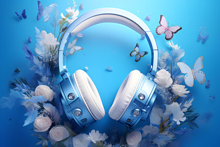 Audio headphones decorated with flowers, on a blue background. Wireless headphones, butterflies on flowers.の素材
