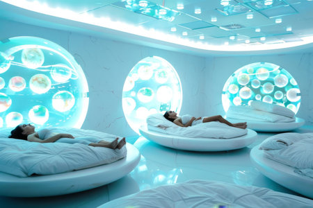 Futuristic humanoid robot with glowing circuits in a high tech lab using a holographic interfaceの素材