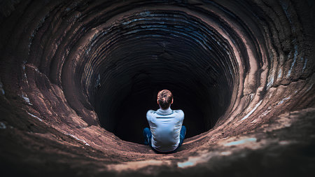 Man sitting in a deep dark hole, view from above, man in despair. Concept: depression, disappointment, despondency and tragedy.の素材