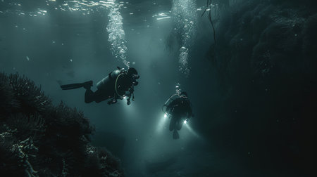 Diving adventure exploring enigmatic seaweed and coral reef life beneath the wavesの素材