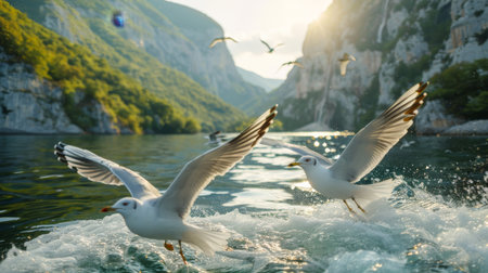 Elegant seagulls gracefully flying over the sparkling sea illuminated by radiant sunlightの素材