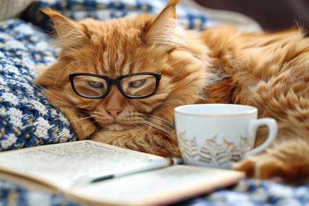 Cat in glasses sitting at a desk with a coffee mug and notepad, ready for work and creativityの素材