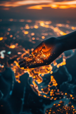 A hand filled with glowing lights against the backdrop of a radiant city at sunsetの素材