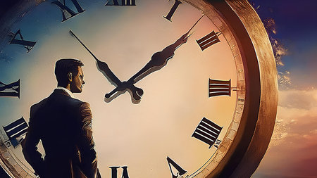 This image reflects the struggle with time and the importance of seizing opportunities in a rapidly changing world. The businessman stands in front of a huge clock, looking at it.の素材
