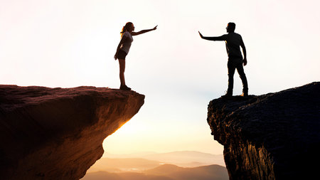 The glowing sunset highlights the dramatic and romantic atmosphere of their separation. Two lovers stand on opposite sides of a massive cliff, their silhouettes reaching out across a deep chasm.の素材