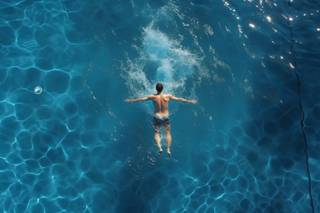 The sun is shining brightly as he relaxes in the pleasant water, view from above. A man enjoys a refreshing swim in the crystal clear water of a pool during his seaside vacation.の素材