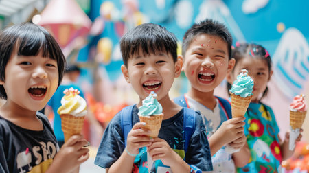 Children delight in sweet treats at the festival, creating joyful and memorable moments togetherの素材