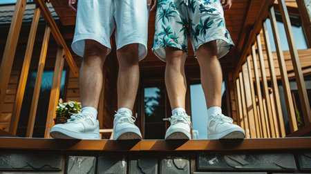 cropped shot of man and woman in white sneakers standing on stairsの素材