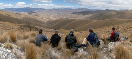 Breathtaking mountain landscape panorama with tourists enjoying scenic views and nature's beautyの素材