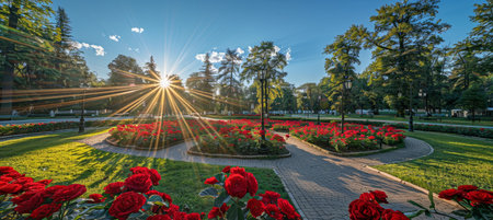Vibrant blooms in the garden a serene harmony of well tended flowerbeds and natureの素材