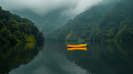 Serene lake scene a boat glides through reflective waters amidst nature s calm beautyの素材