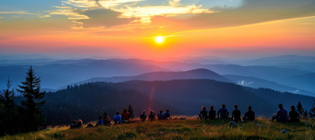 Breathtaking mountain panorama with tourists taking in the scenic views and natural beautyの素材