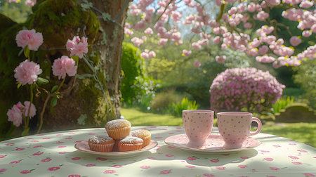 Vibrant picnic table setting with colorful dishes and tempting food spread for outdoor enjoymentの素材