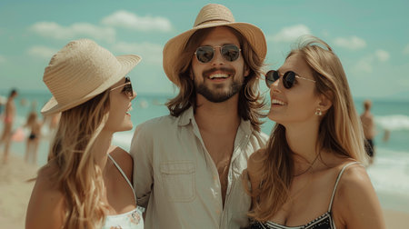 Youthful fashion display vibrant summer outfits showcasing individuality by the beachの素材