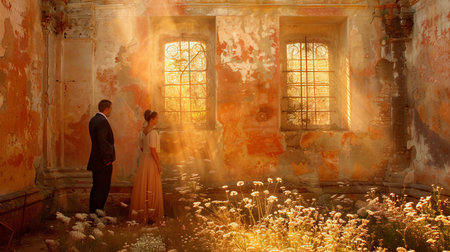 Joyful couple celebrating love at wedding with elegant attire and bright studio setting for adsの素材