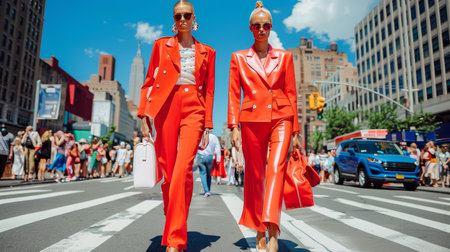 Urban street fashion showcasing vibrant styles against modern architectural backdropsの素材