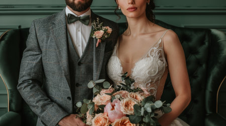 Joyful couple celebrating love at a wedding in elegant attire, perfect for advertising layoutの素材