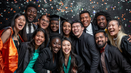 Friends celebrating graduation together, cherishing friendship and creating lasting memoriesの素材